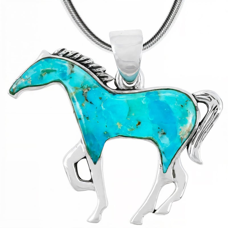 Turquoise Network Horse Necklace Sterling Silver & Genuine Gemstones Pendant & 20" Chain (Turquoise) - Image 1